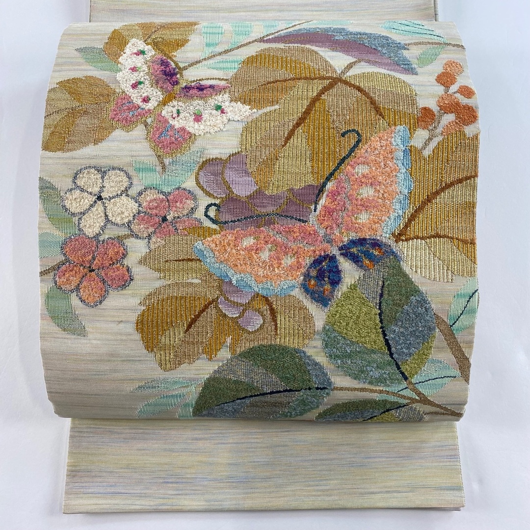 袋帯 名品 向鳥 華文 螺鈿 金彩 金色 お太鼓柄 正絹 中古 袋帯 名品