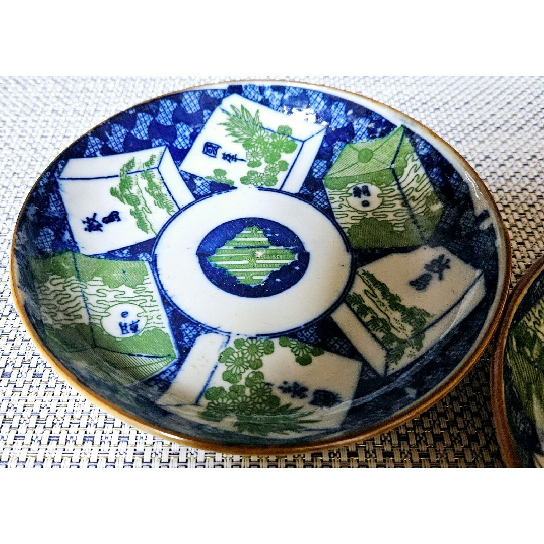 明治時代末期～大正時代 図変わり 印判手 銅版転写 たばこ図皿2客 敷島