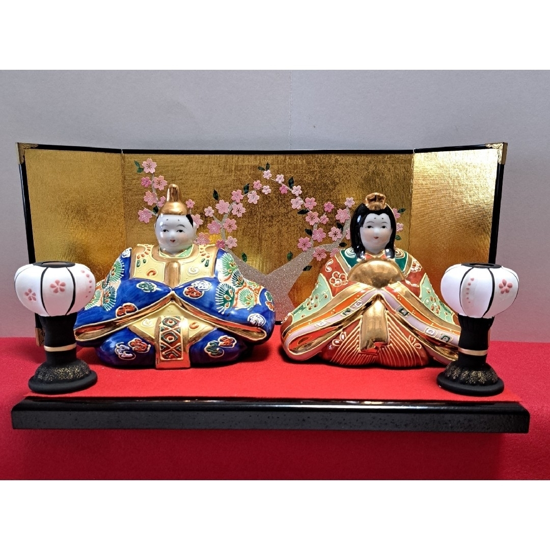 ②九谷焼 ひな人形 親王飾り 清香作 5号 屏風 ぼんぼりセット