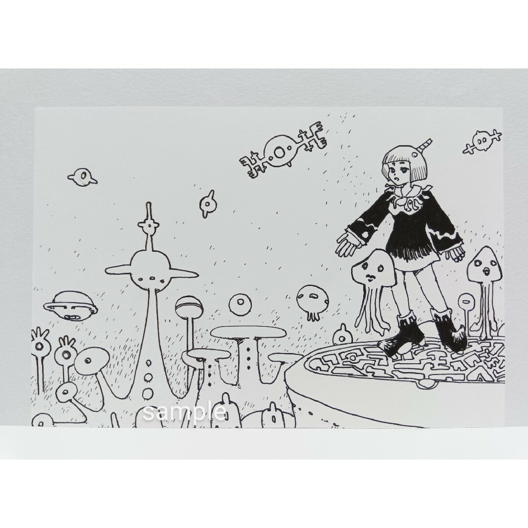 オリジナルイラスト 手描きイラスト 星 宇宙人 絵 モノクロ アート