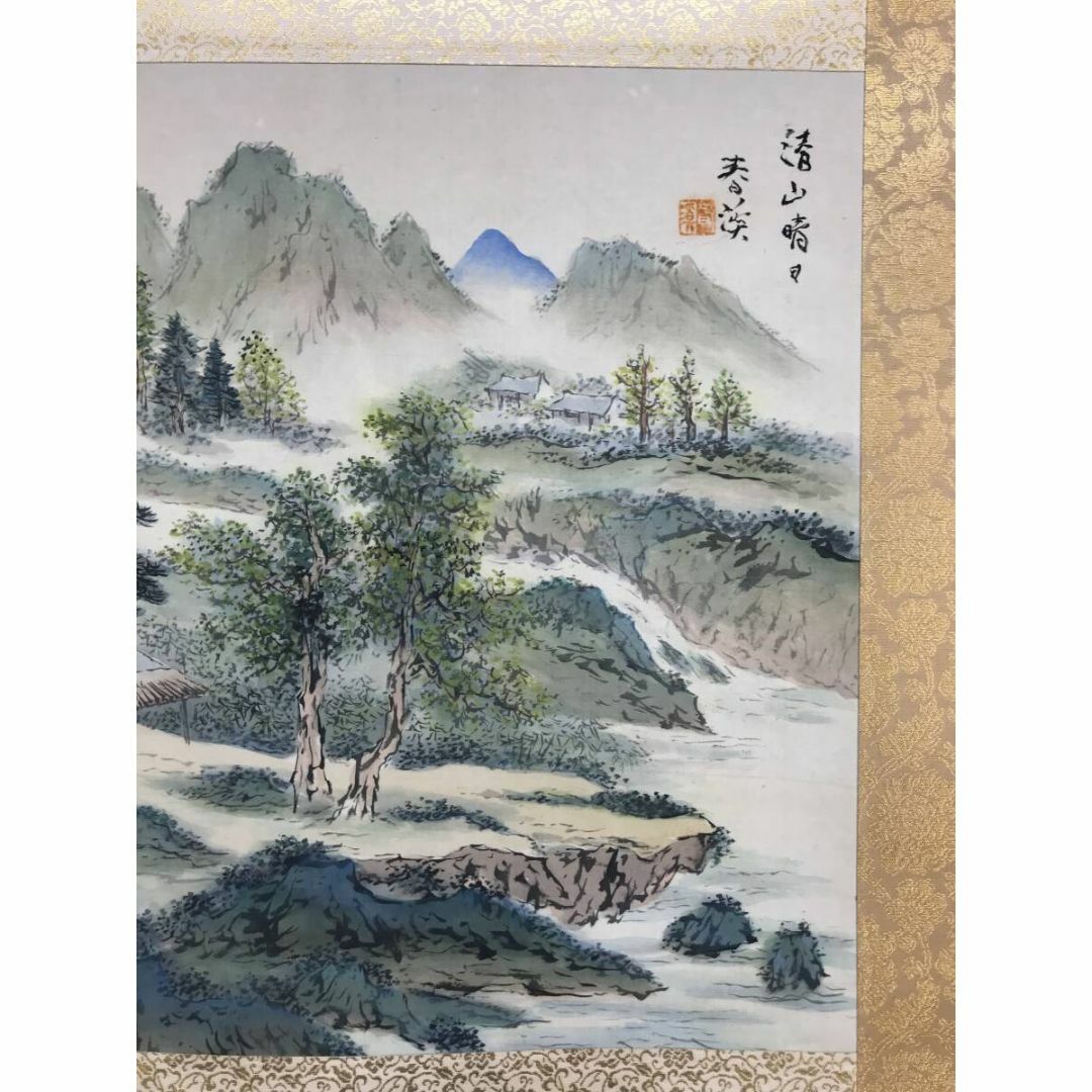 真作/横山春渓/清山晴日/青緑山水図/横物/山水図/掛軸☆宝船☆AG-963の