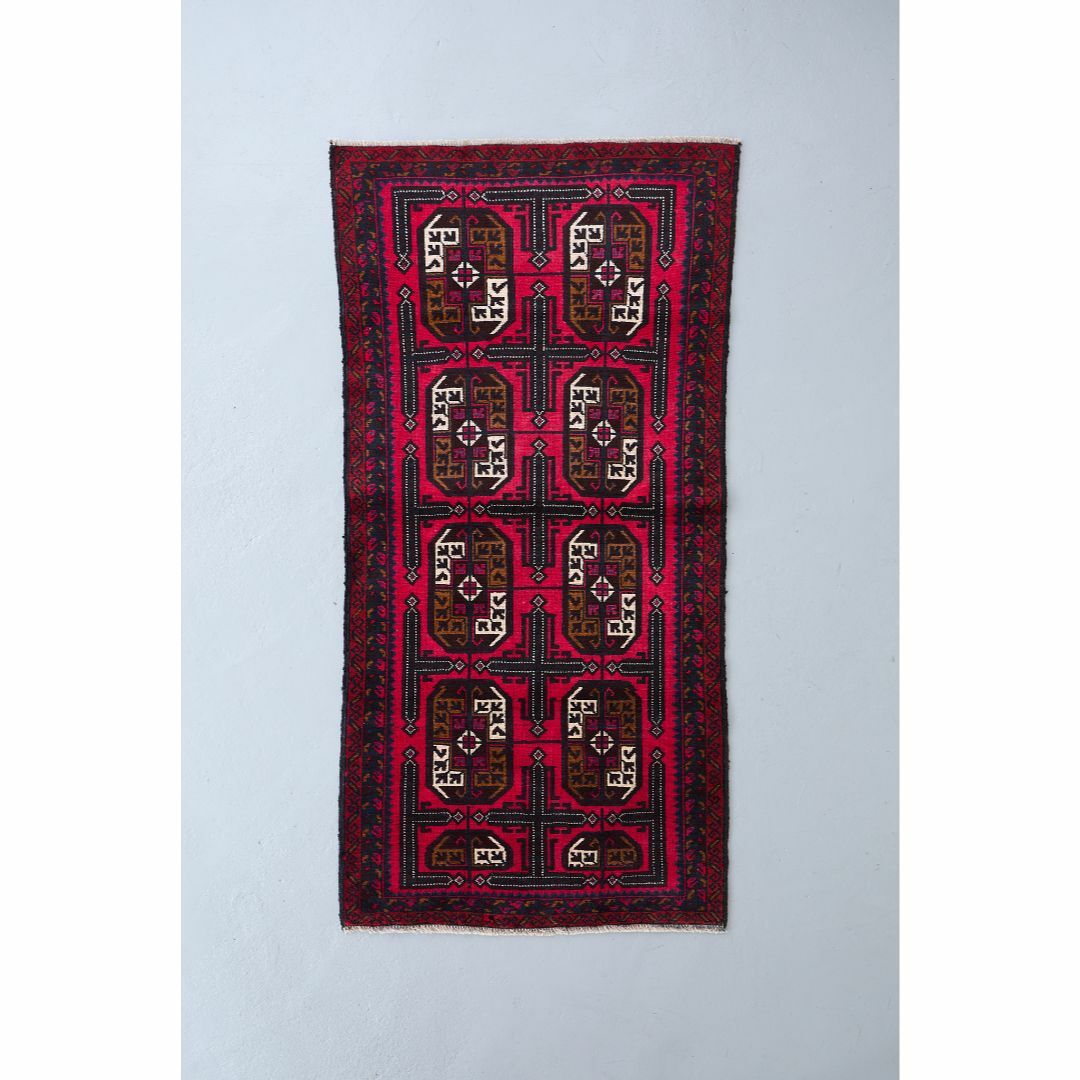 ヴィンテージラグ トライバルラグ バルーチ族(199×103cm)茶・赤・紺