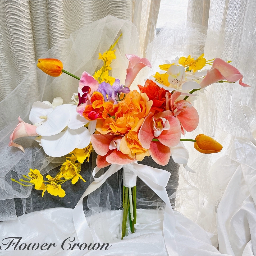 テラコッタカラー胡蝶蘭オレンジクラッチブーケ＆ブートニア 胡蝶蘭と