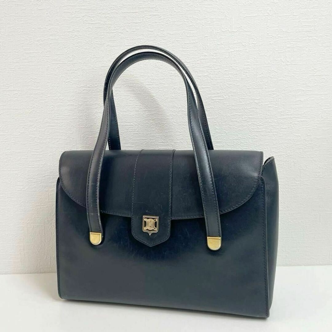 CELINE マンテル ハンドバッグ レザー ネイビー ヴィンテージ セリーヌ