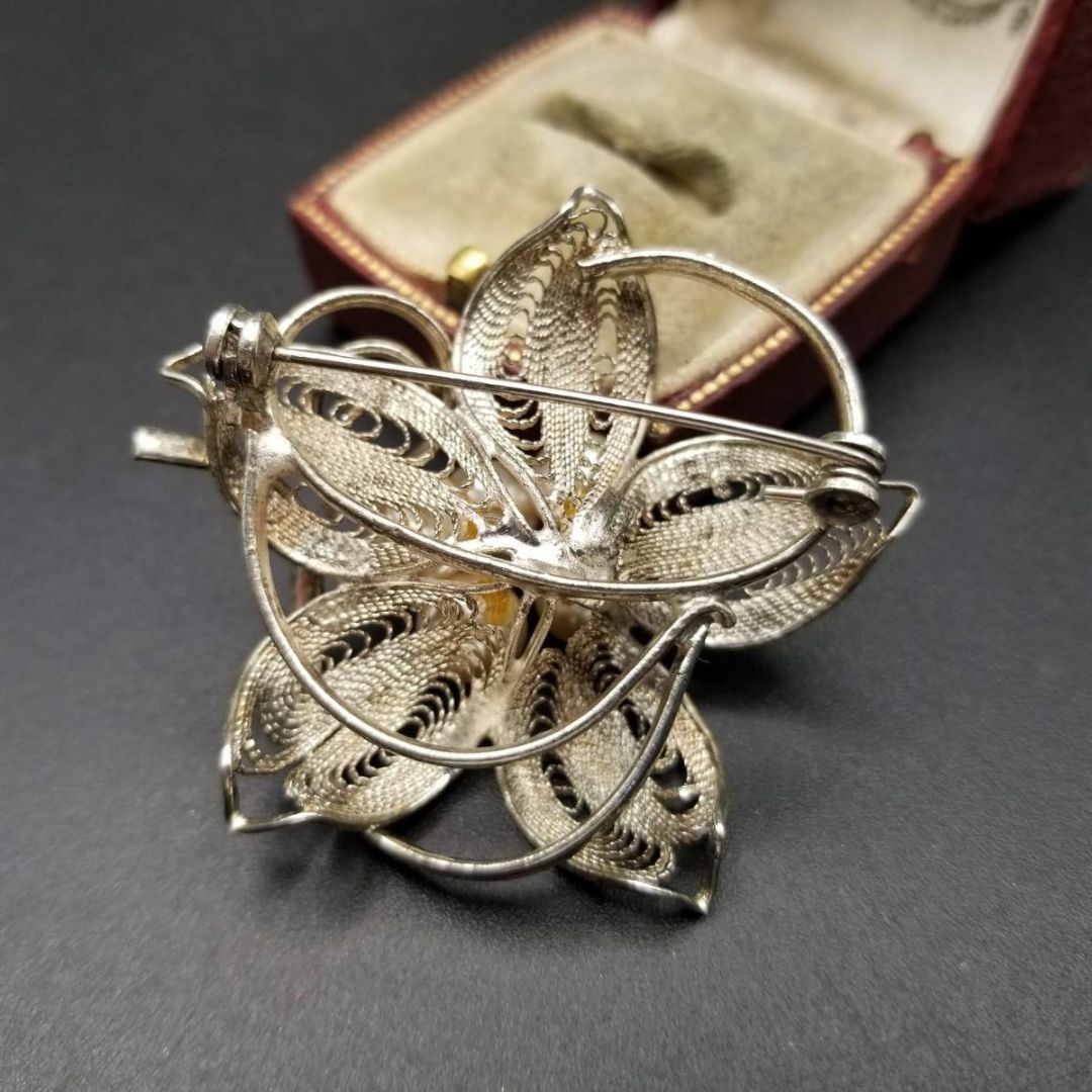 フローラル パール スターリングシルバー ヴィンテージ ブローチ 銀線