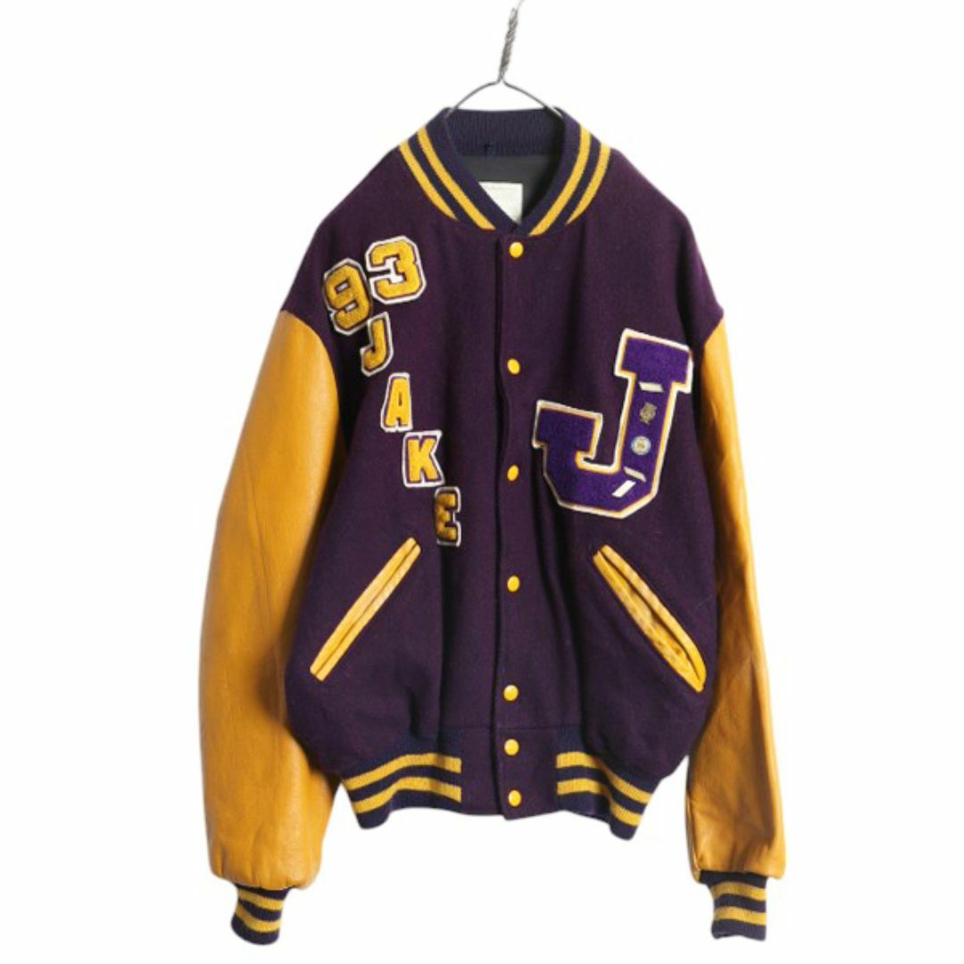 70s USA製 ☆ DELONG 袖レザー ウール スタジャン メンズ XL 程