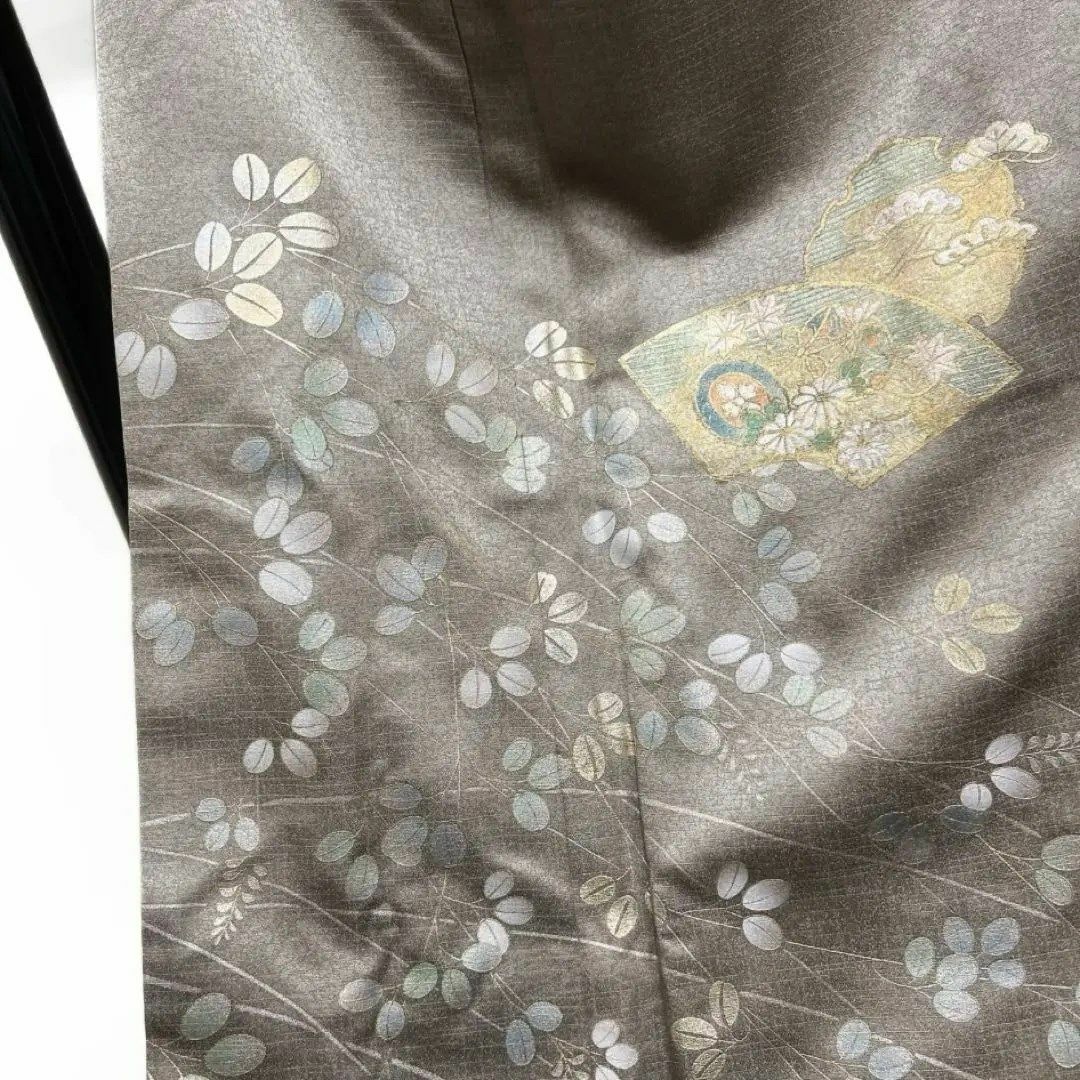 付け下げ 萩 金彩 彩箔 扇 雪輪紋 菊 楽器 松 紋無し 着物 055a dの