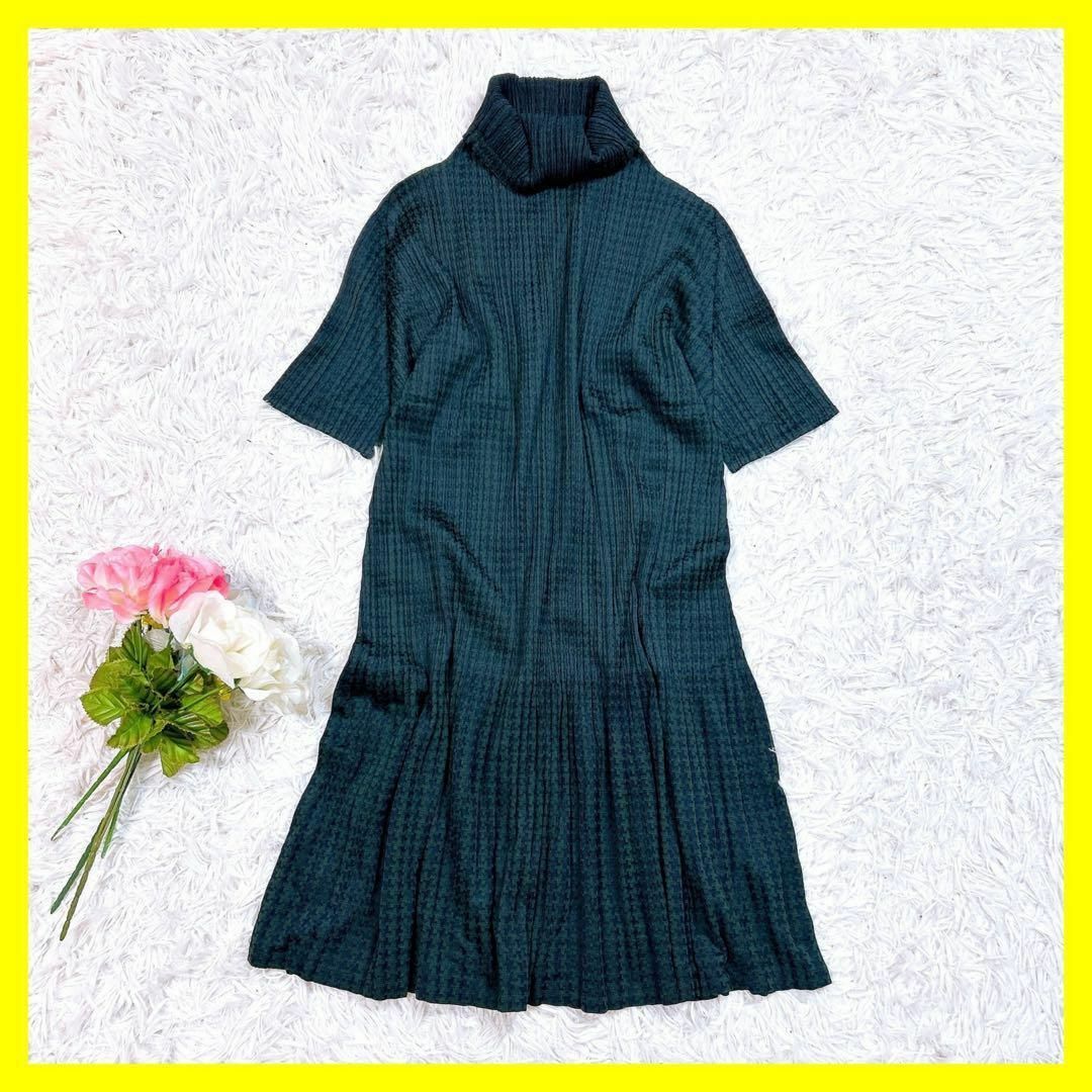 PLEATS PLEASE ワンピース 総柄 ハイネック グリーン サイズ3