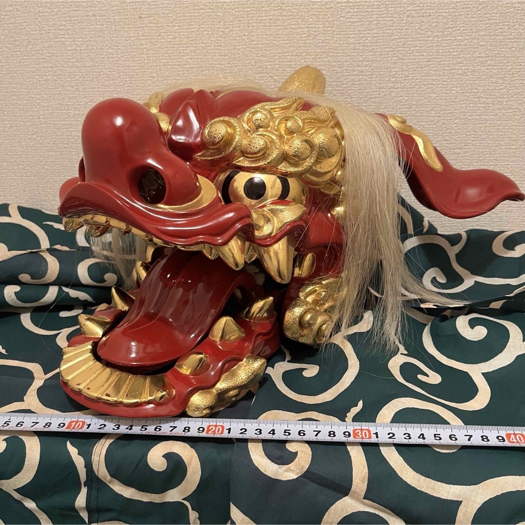 治 木彫彩色 獅子頭 幅49cm 獅子舞 魔除け 置物 NS49(東洋彫刻