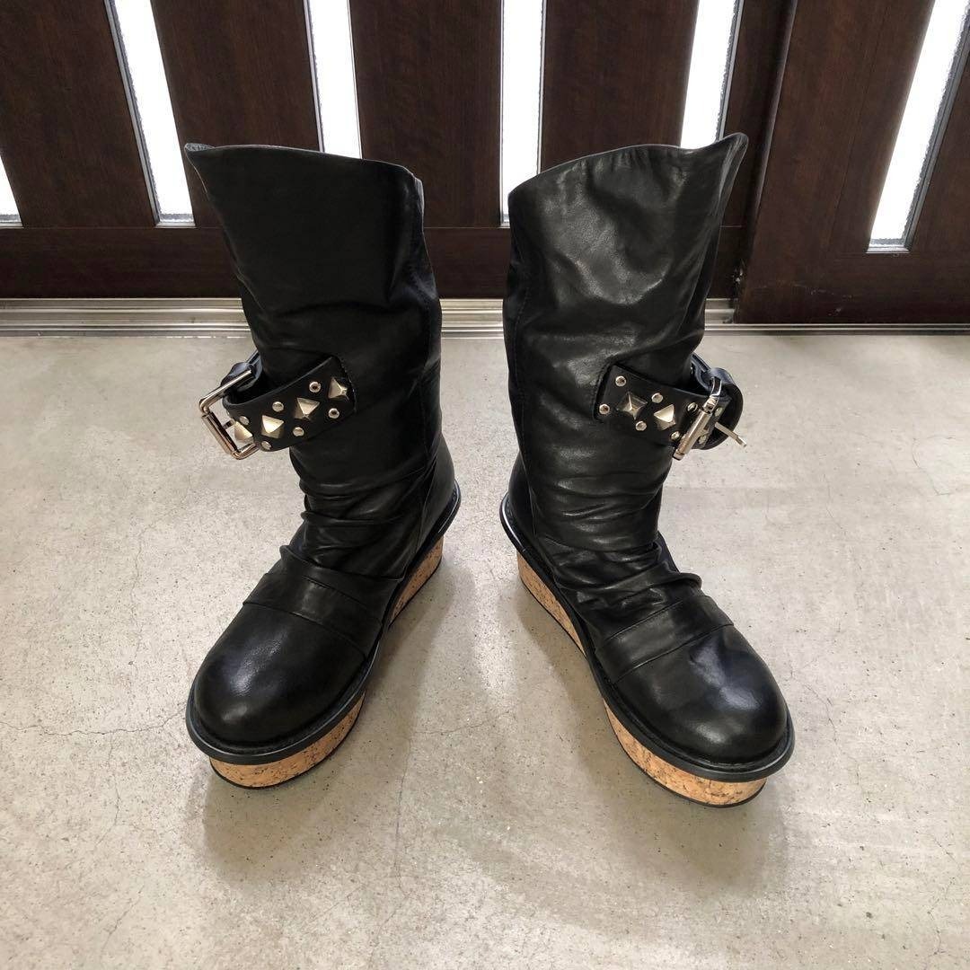 Raquelコルクソールスタッズベルトレザーブーツブラック黒の通販 by RK