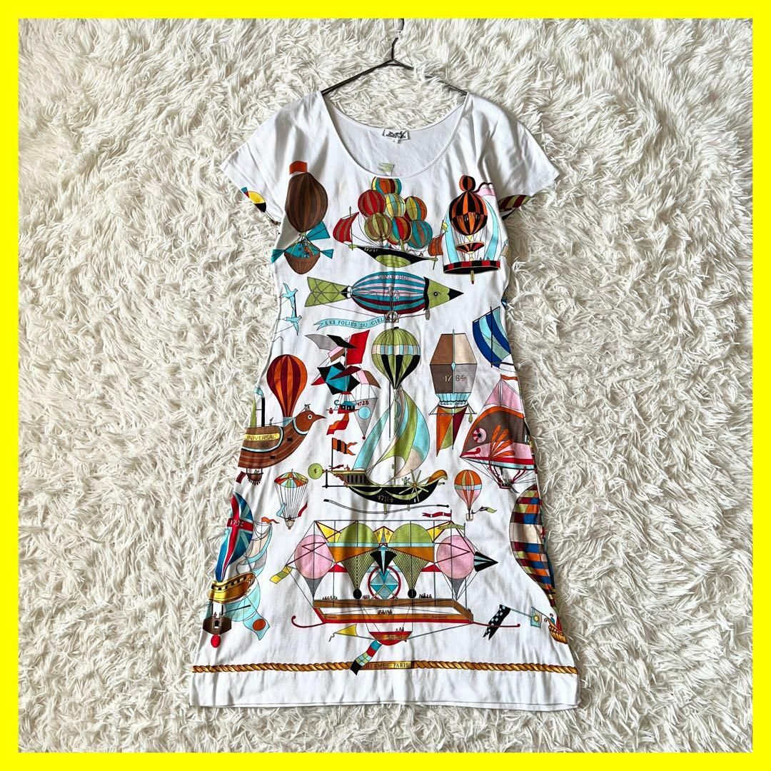 HERMES ワンピース カラフル バルーン 半袖 Lサイズ ホワイト 白