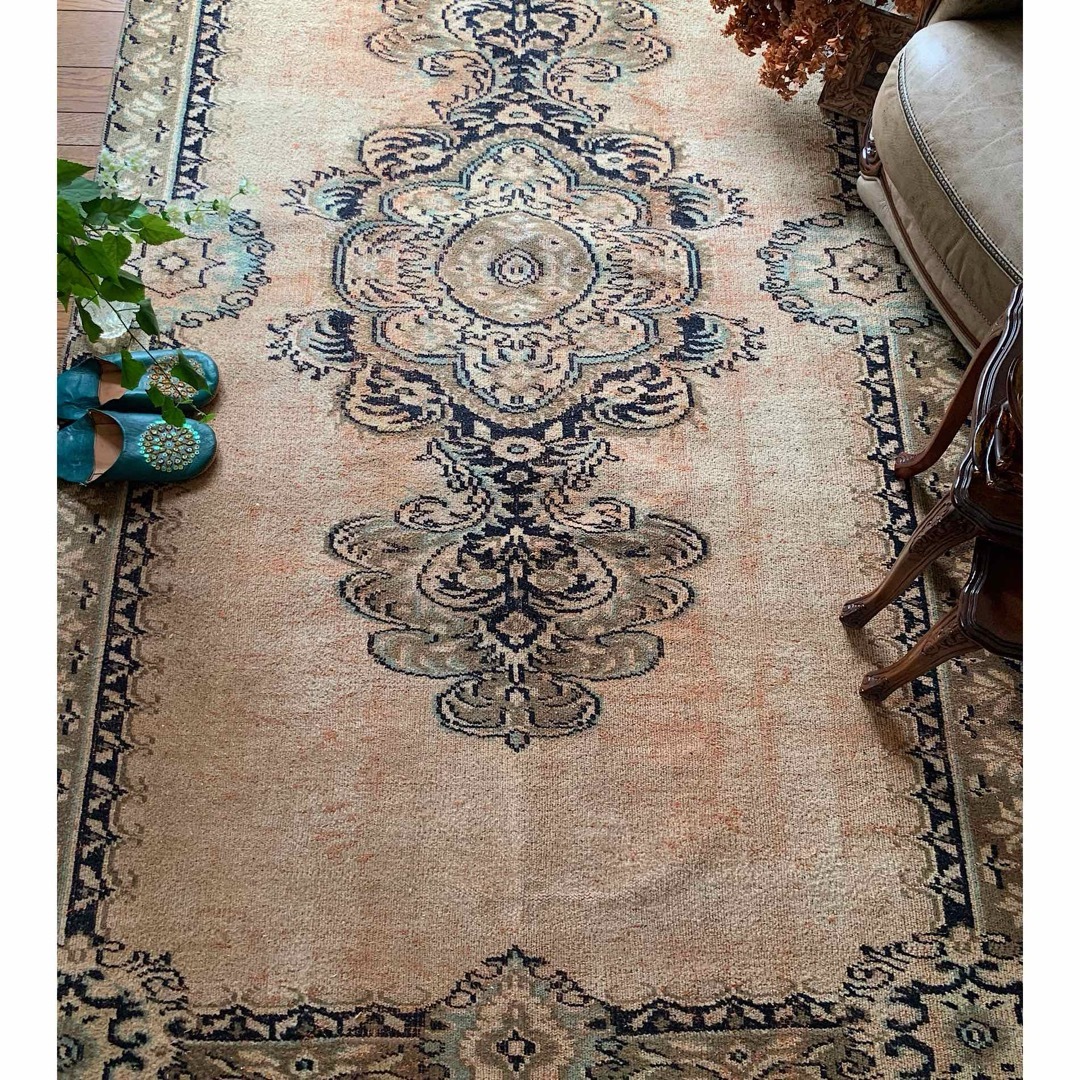 48×211ランナー 淡ブラウン ブルー ラインホワイト トルコヴィンテージ