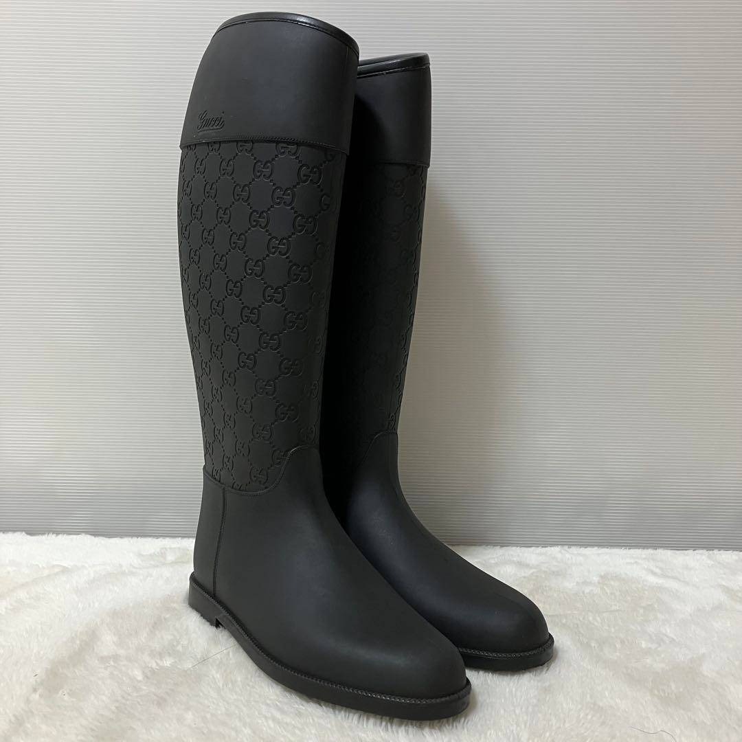 未使用級 GUCCI ロング レイン ブーツ GG柄 靴 37 ラバー 黒 総柄