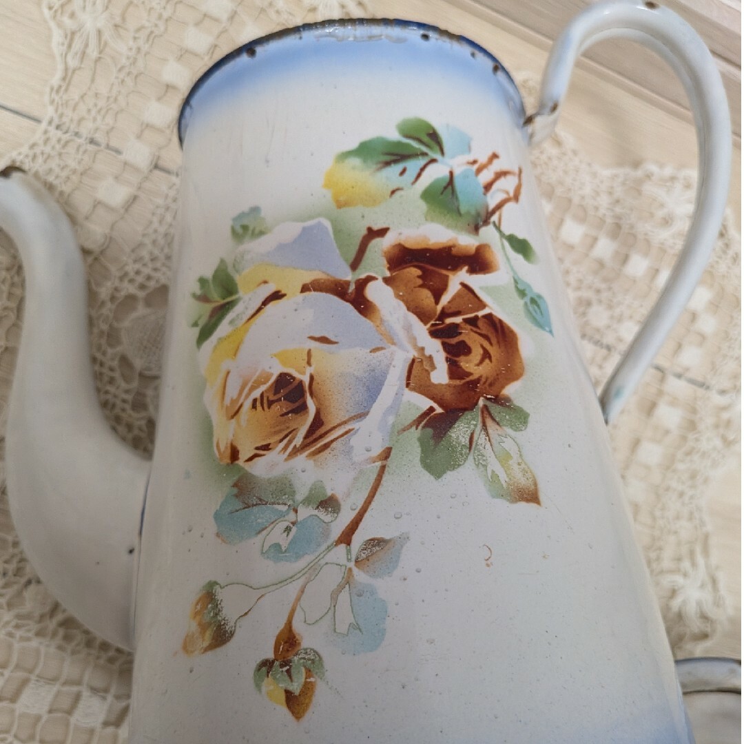 フランス アンティーク JAPY ホーロー ポット 薔薇 シャビー