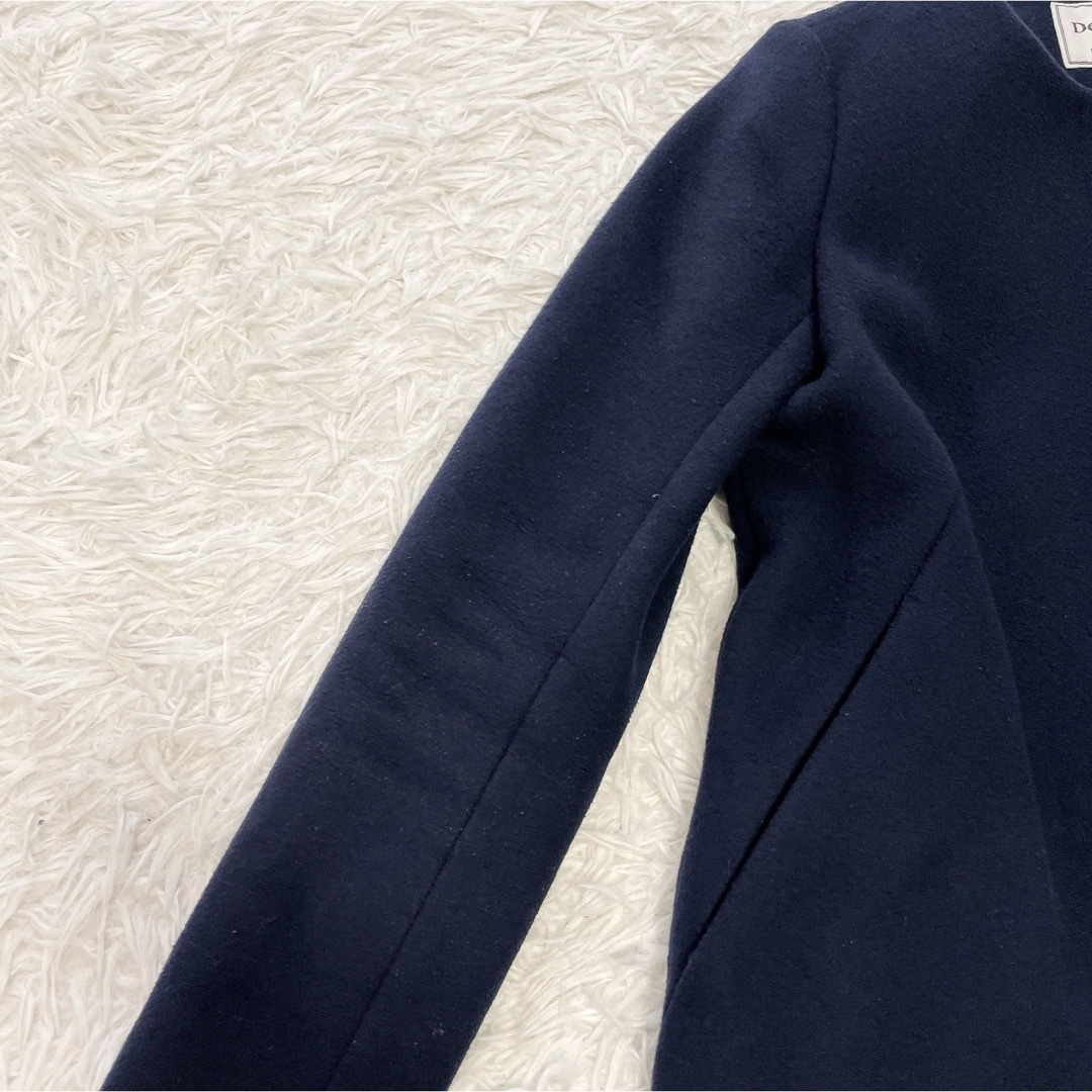 希少 ドゥーズィエムクラス ロング ノーカラー コート 紺 ウール