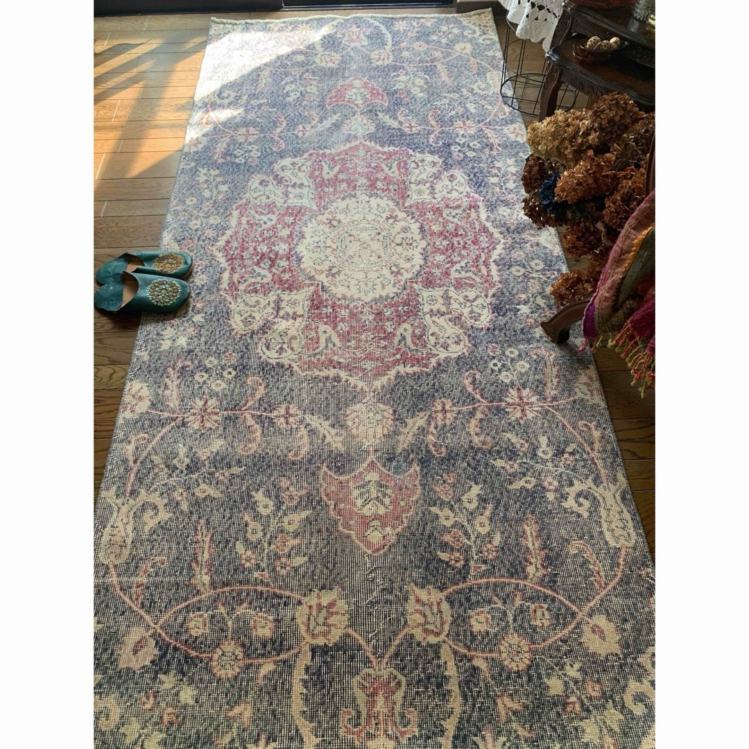 大判 ロング 251×112 トルコヴィンテージラグ インディゴ ローズレッド