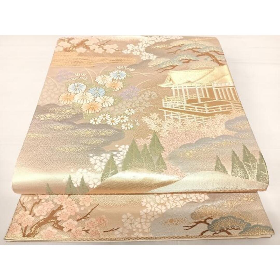 平和屋着物◎六通柄袋帯 唐織 風景花文 金銀糸 正絹 逸品 AABC2391yxの