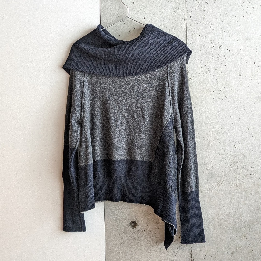 Y's アシンメトリー ウールニットカーディガン グレー×ネイビー