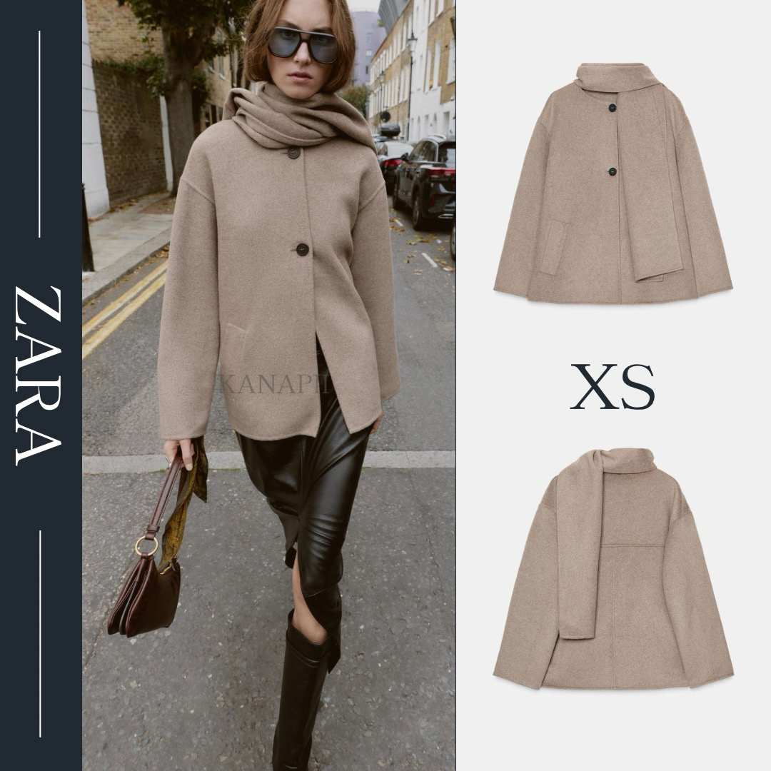 ZARA - ZARA 【新品】ウールショートスカーフコート XS ミンクの通販