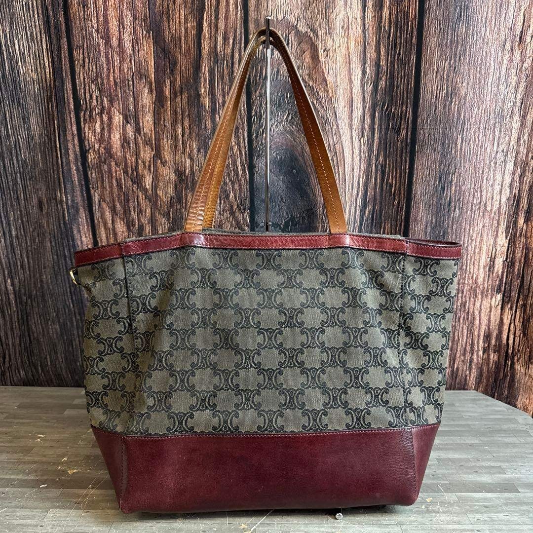 CELINE セリーヌ マカダム柄 トートバッグ キャンバス×レザー ボルドー系