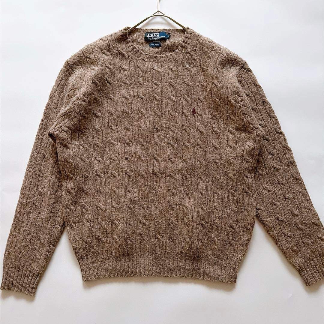90s ポロバイラルフローレン ウール ケーブルニット ポニー M キャメル