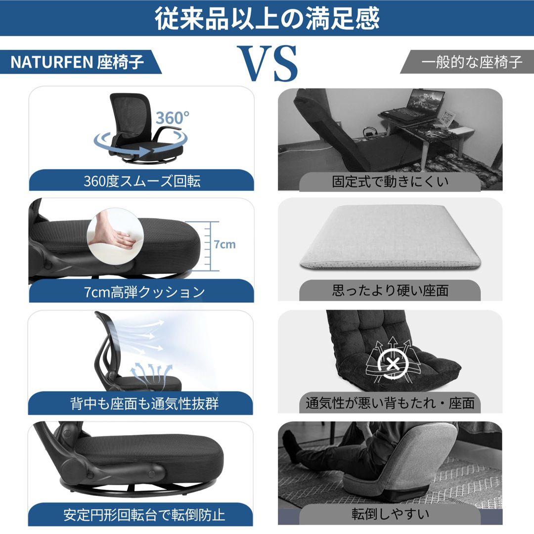 座椅子 折りたたみ 組立不要 360°回転 ゲーミング座椅子 腰が痛くない