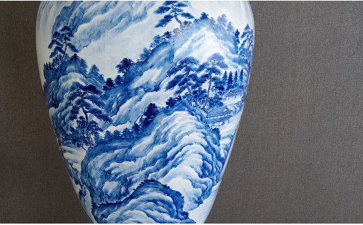 藤井錦彩作】染付山水画飾り特大八角 沈香壺（じんこうつぼ）/ 特大