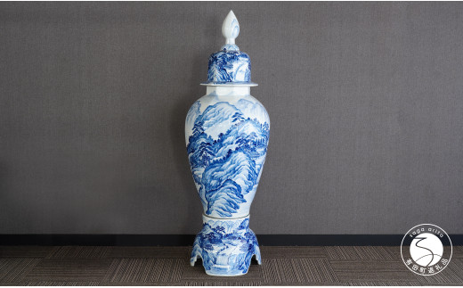 藤井錦彩作】染付山水画飾り特大八角 沈香壺（じんこうつぼ）/ 特大