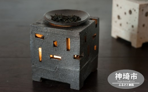 茶香炉 黒 【手作り 陶器 インテリア お茶 癒し キューブ 四角 贈り物