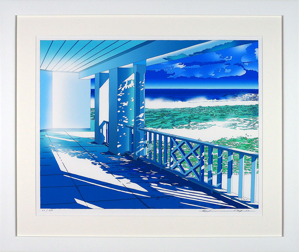 版画 鈴木英人 「あの白い夏」 シリアルナンバー入り フレーム付き