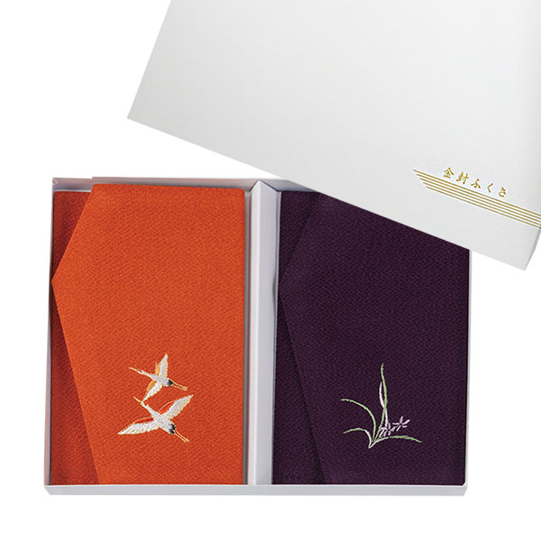 丹後ちりめん 刺繍金封ふくさセット 二羽鶴×蘭 – 記念品工房「ここから
