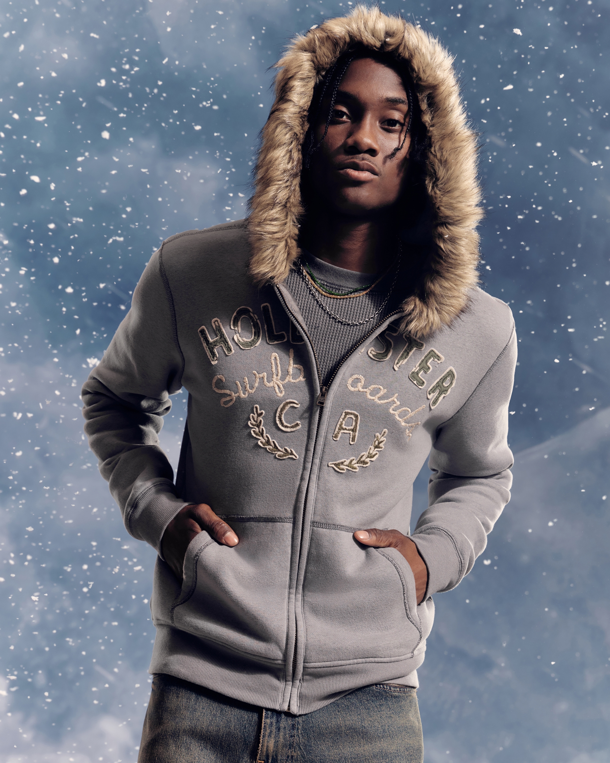 Hollister Faux Fur Trim Zip-Up Logo Graphic Hoodie | Liberty Center