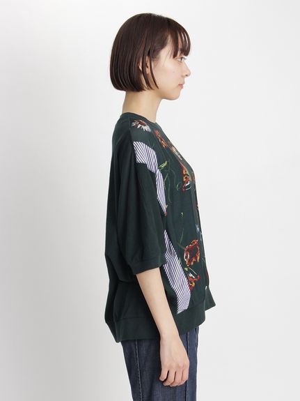 キュプラモダールカルゼステップフラワープリント+ソフト天竺ドルマン