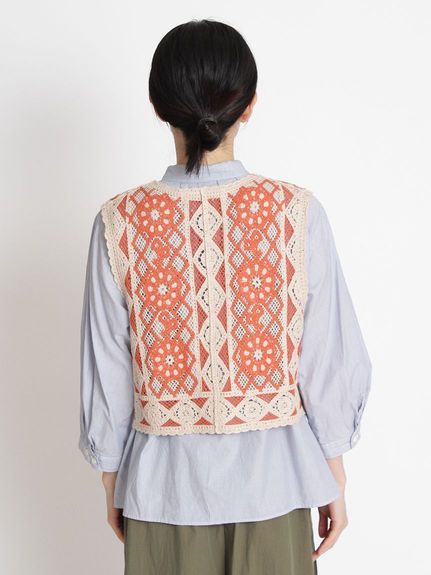 大きいサイズ]20/2コットン チェーンステッチフラワー刺繍バイカラー