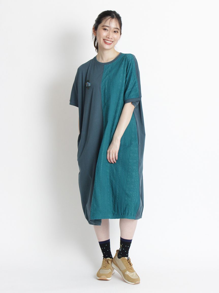 30/-天竺フラワーハンド刺繍×シアーレース半袖ワンピース（カット