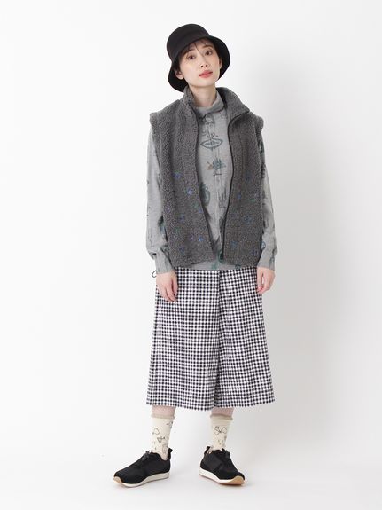 フラワーワンポイント刺繍 コットンブロークンドビーチェックガウチョ