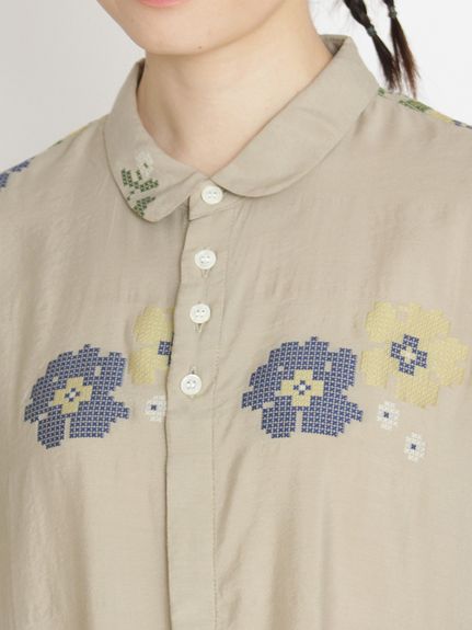 ツインフラワージャカード+コットンローンワンピース(前開き)（シャツ