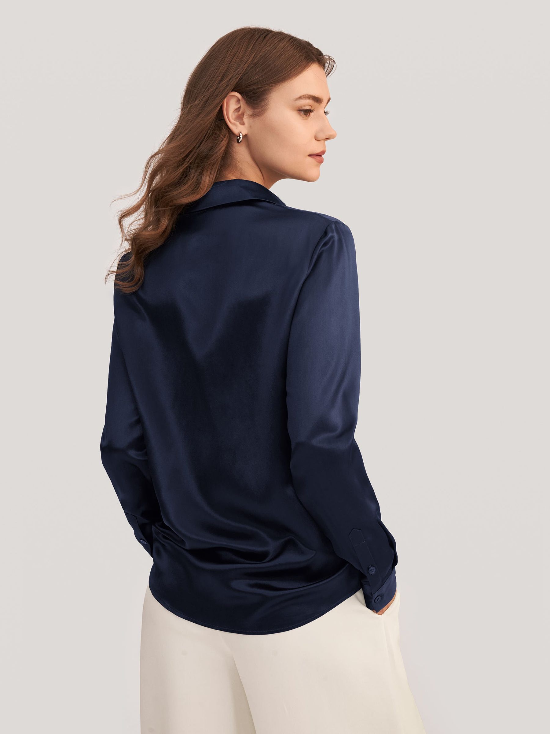 レディース シルクシャツ・ブラウス【フライフロント】 ネイビーブルー