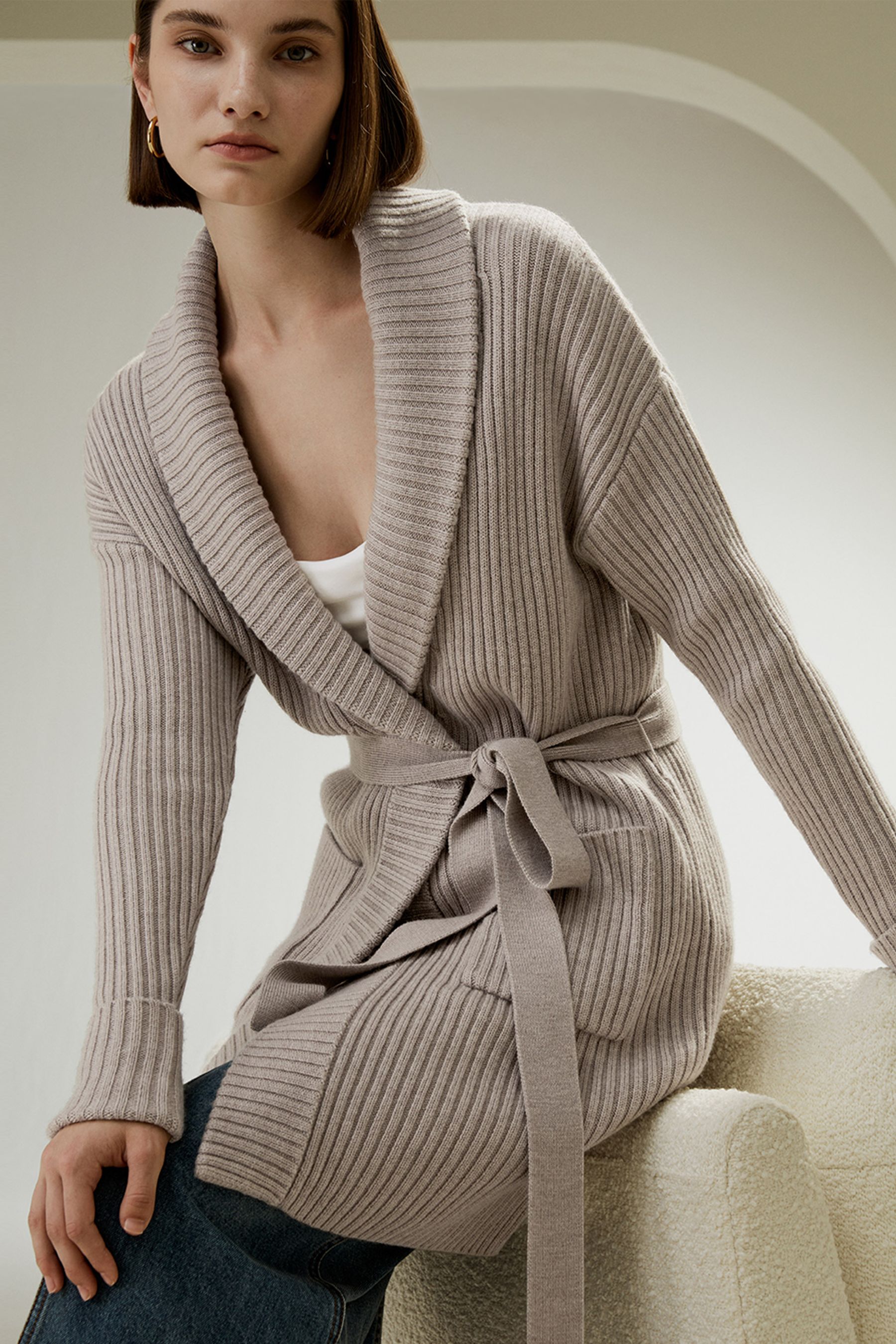 ショールカラー リブ編み メリノウールカーディガン