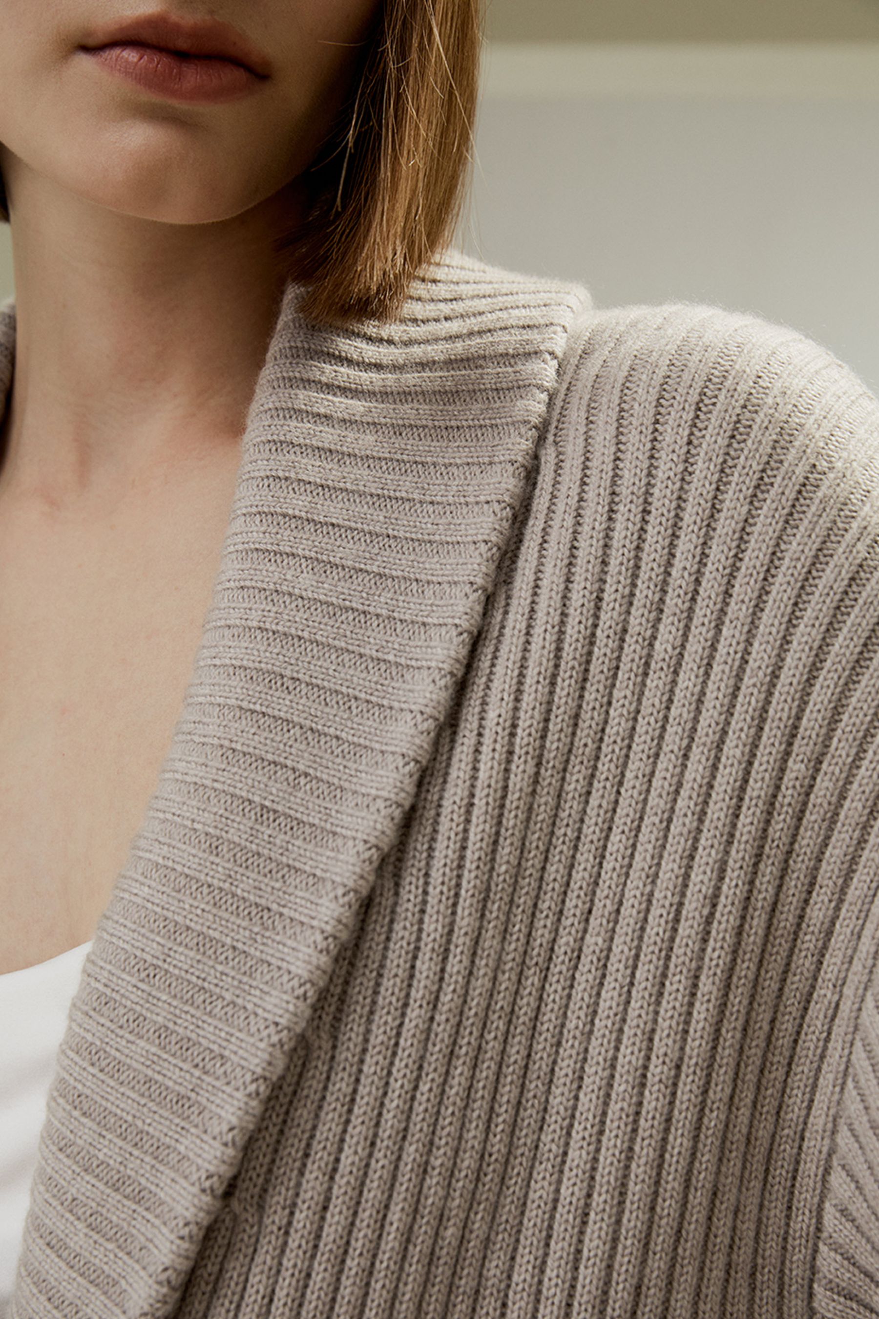 ショールカラー リブ編み メリノウールカーディガン