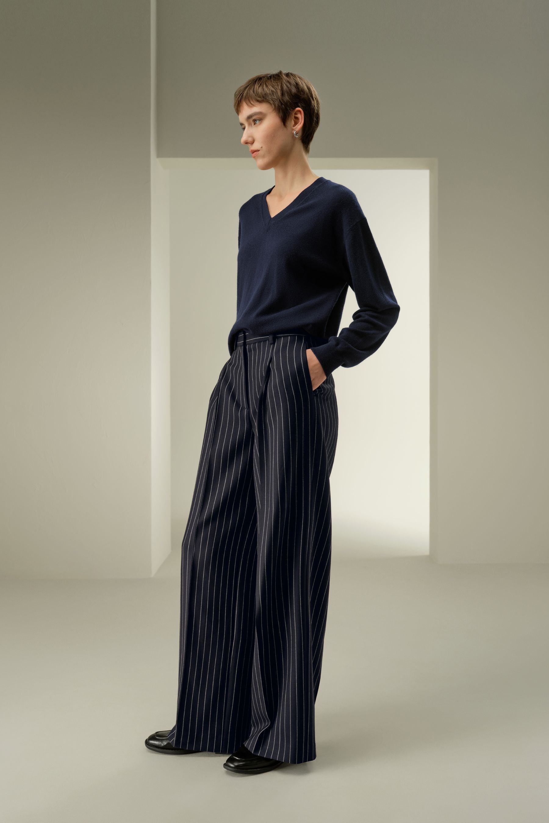 Wool-Blend Wide-Leg Stripe Pants