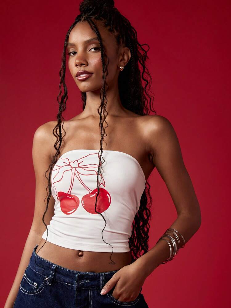 MISSGUIDED Cherry Print Bandeau Crop Strapless Women Tube Top
