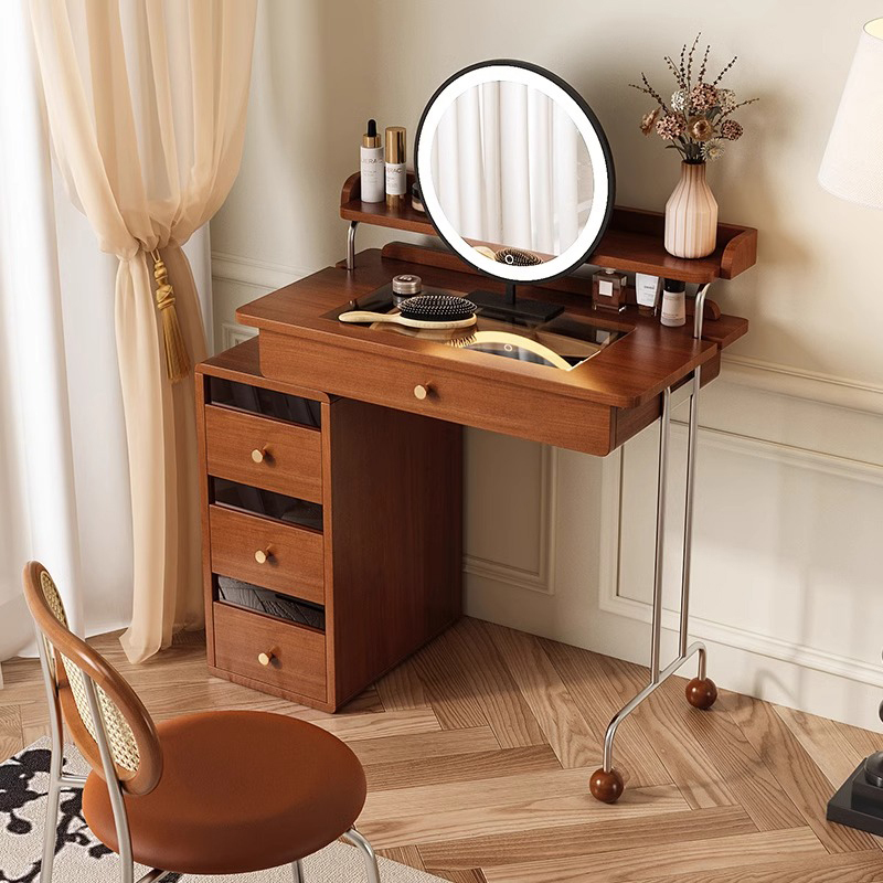 レトロ調キャビネット付き丸鏡ドレッサー | ヴィンテージ感と機能性を