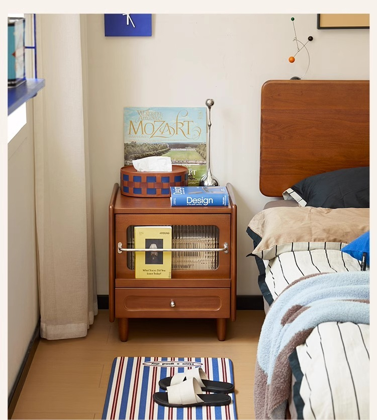 ツゲ材 リブガラスレトロ調ベッドサイドテーブル | ヴィンテージな