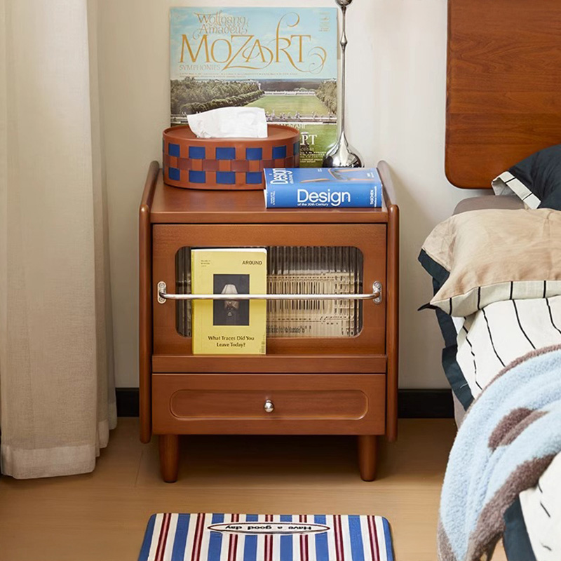 ツゲ材 リブガラスレトロ調ベッドサイドテーブル | ヴィンテージな