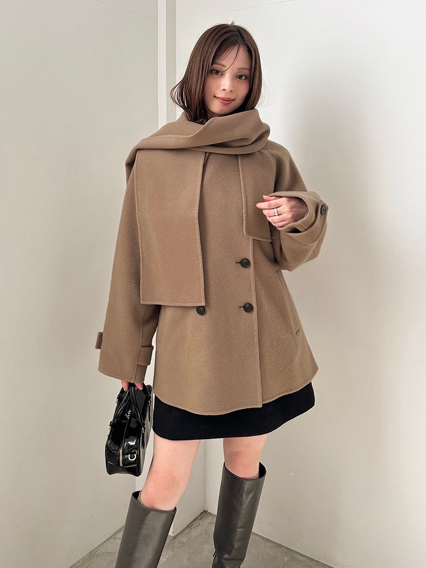 HIGH QUALITY】スカーフ付きウールミドルコート(コート)｜アウター