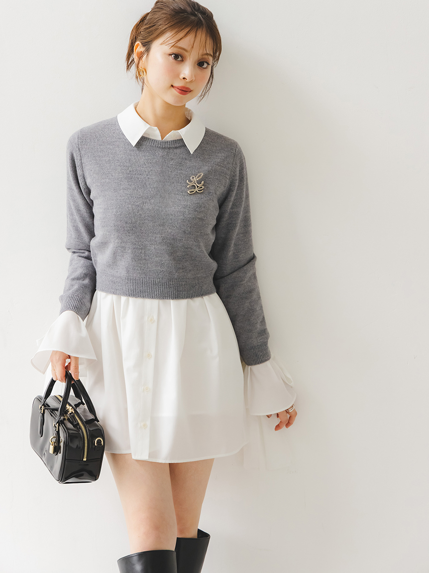 ニットセットブローチ付きミニシャツワンピース(ミニワンピース