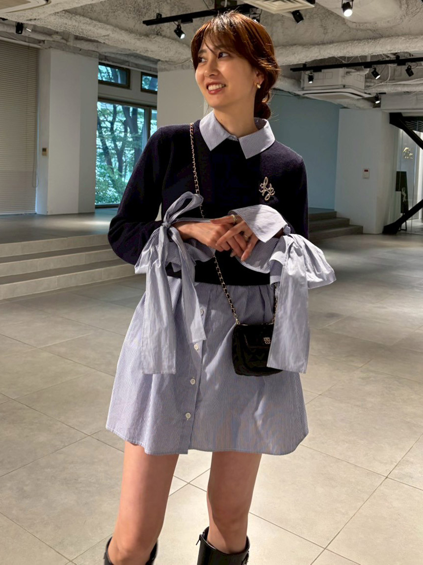 ニットセットブローチ付きミニシャツワンピース(ミニワンピース