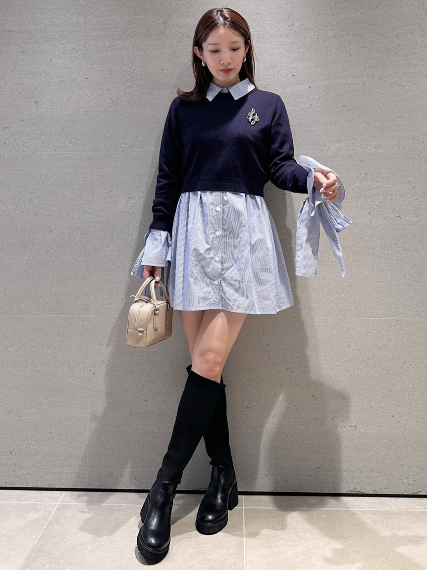 ニットセットブローチ付きミニシャツワンピース(ミニワンピース