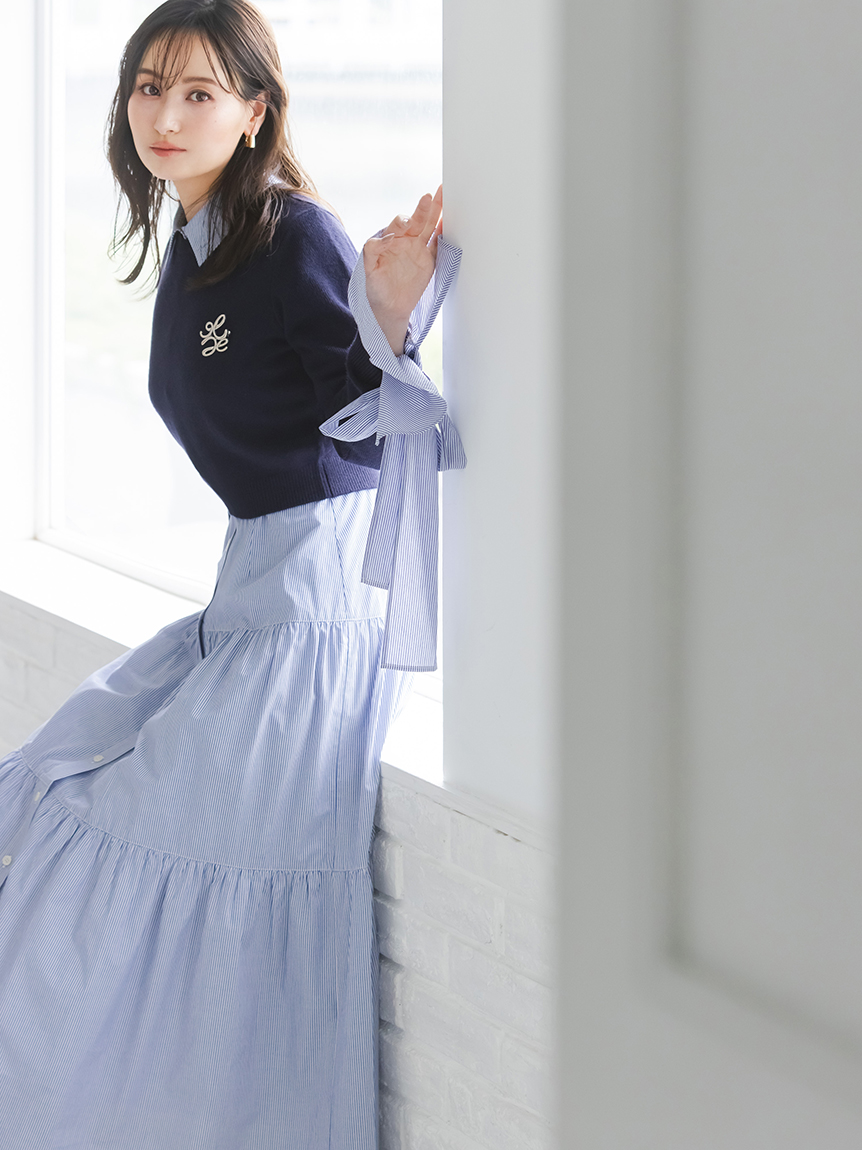 ニットセットブローチ付きロングシャツワンピース(マキシ・ロング